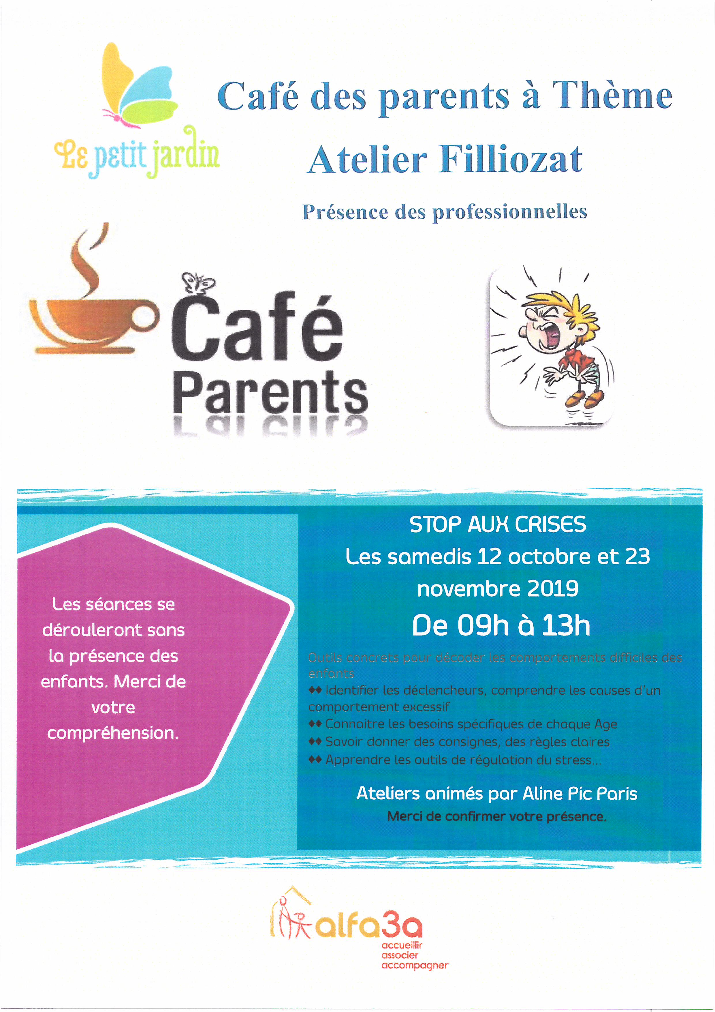 Affiche de présentation de la formation proposée aux parents et aux professionnelles. Avec le lieu, l’heure, et le nom des intervenants.