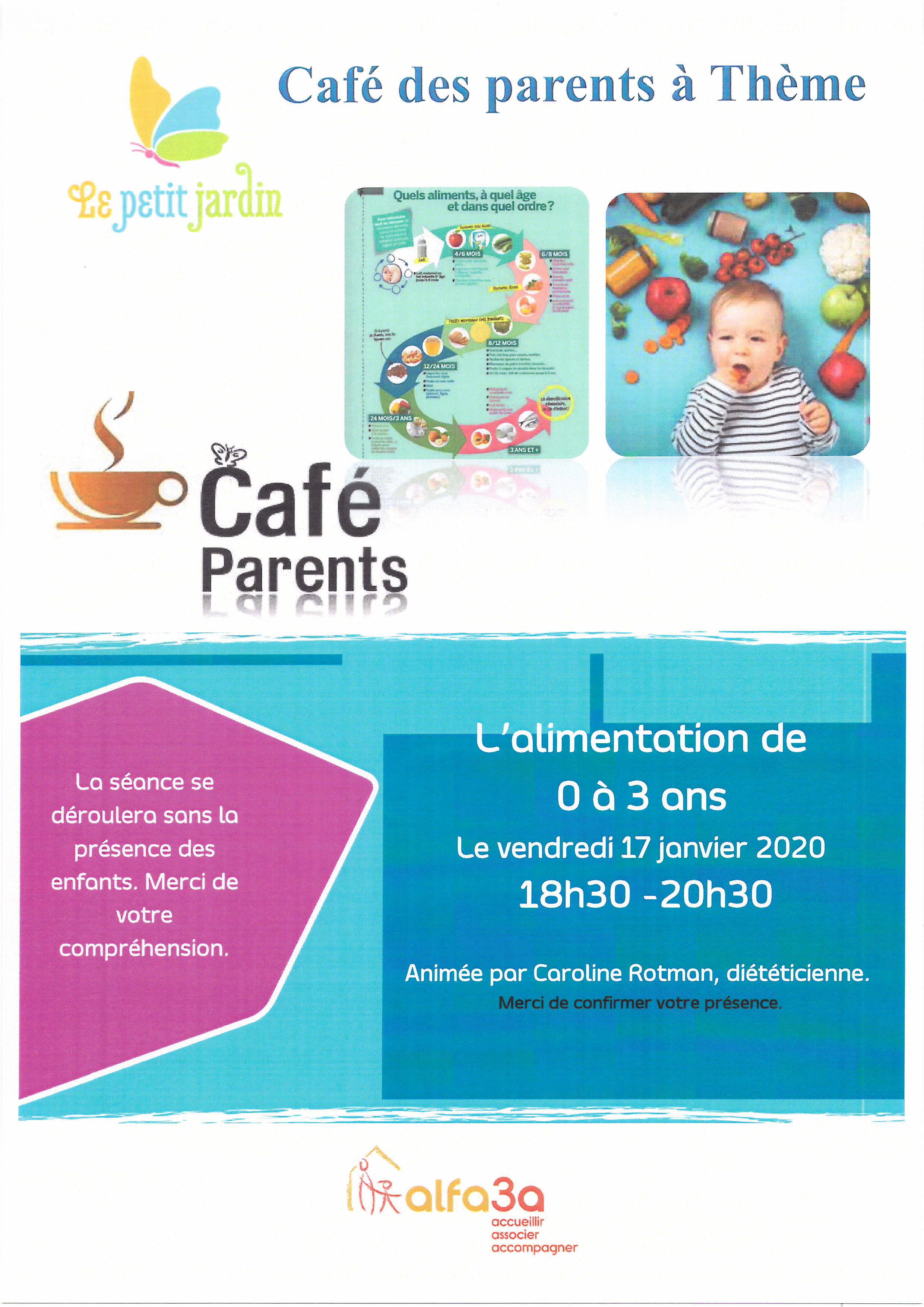 Affiche de présentation de la conférence proposée aux parents concernant l&#039;alimentation de leurs enfants (horaire, lieu, etc...)