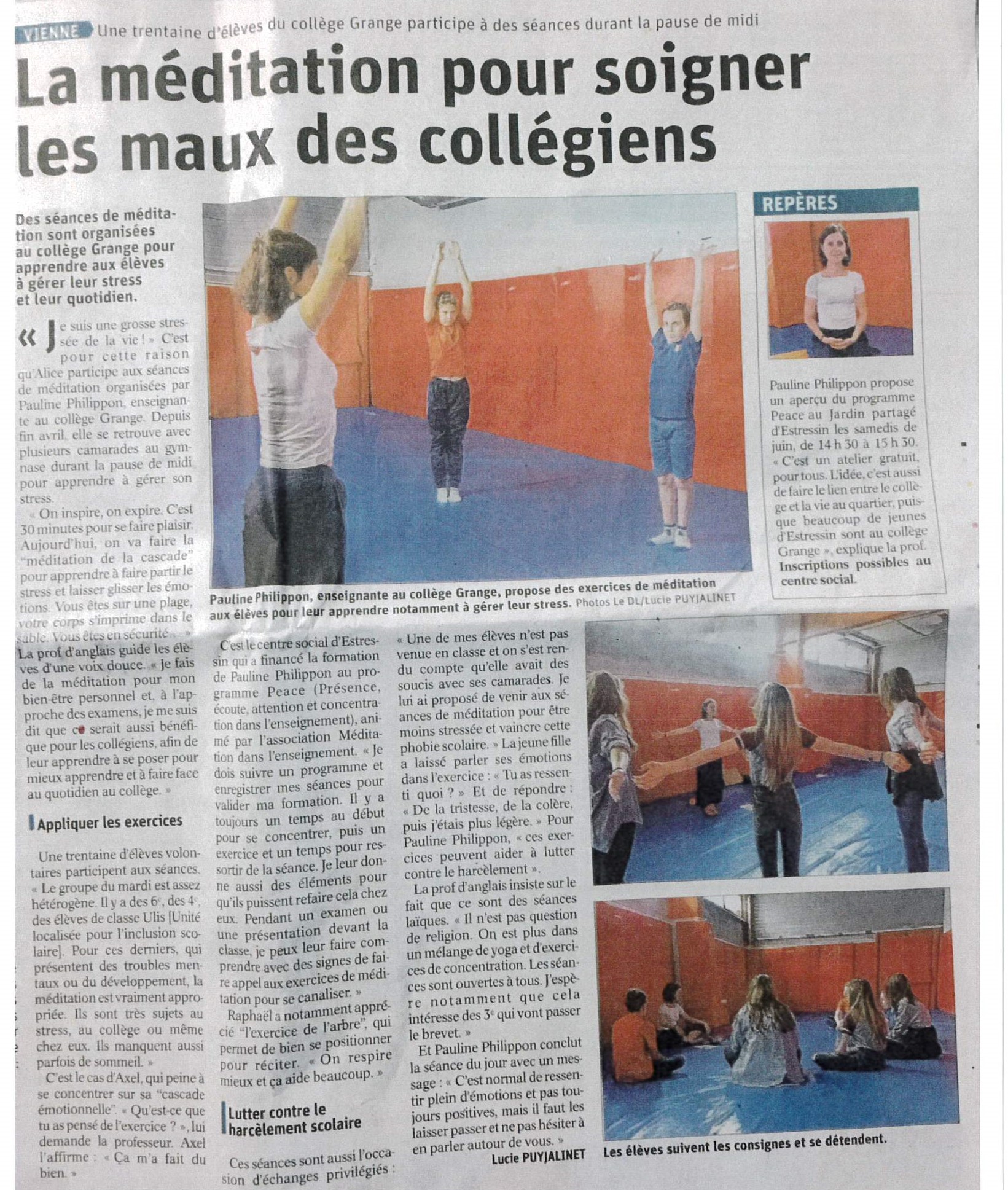 Article de journal sur l’intervenante en méditation du centre social et du collège grange