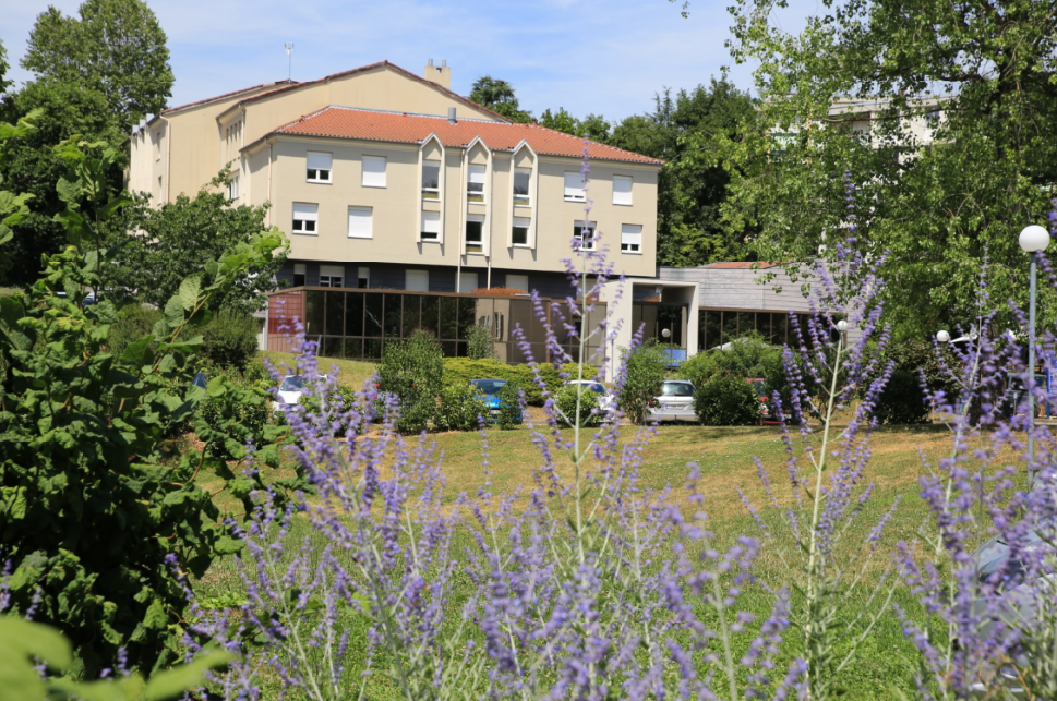 Un parc de verdure au premier plan avec quelques fleurs. Au fond le bâtiment qui accueille les studios étudiants 