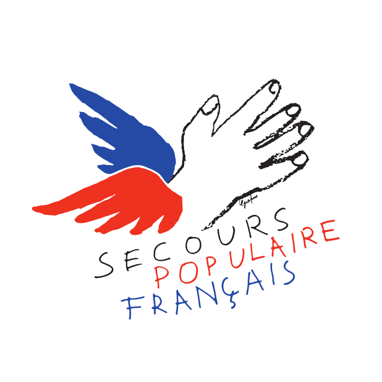 Logo Secours Populaire Français : une main blanche dessinée par un enfant, est entourée de deux ailes (bleu et rouge)