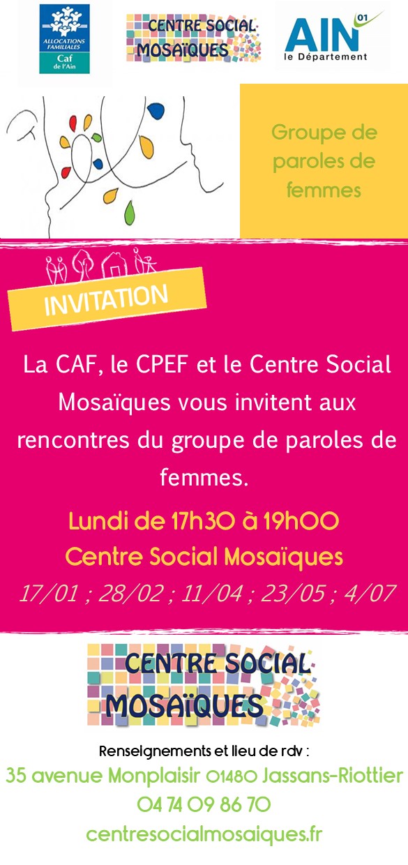 invitation au groupe de paroles de femmes au centre social Mosaiques