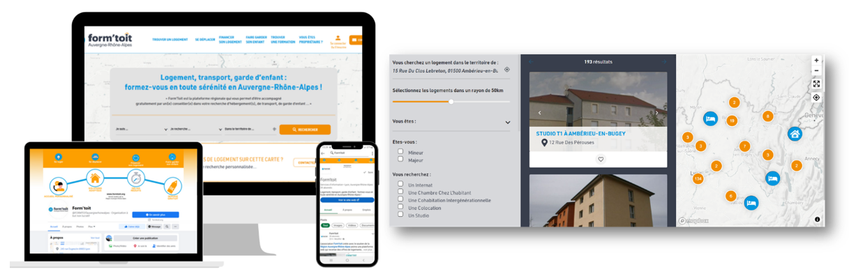 On voit le site internet form'toit sur plusieurs supports (ordinateur, tablette, téléphone) ... et la carte présentant de nombreux logements.