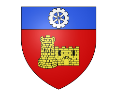 Blason Ville de Sain Bel : bleu et rouge, un château est représenté au centre