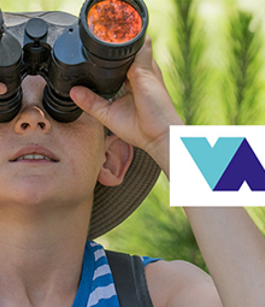 Flyer du dispositif "vacances apprenantes" de l'été 2020 pour les enfants de 3 à 17 ans Flyer du dispositif "vacances apprenantes" pour les enfants de 3 à 17 ans - un enfant regarde en l'air avec des jumelles, un sac à dos et un chapeau d'explorateur