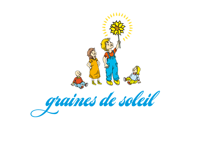 Logo de la micro-crèche Graines de Soleil : des enfants d'âge différents jouent et regardent un tournesol lumineux