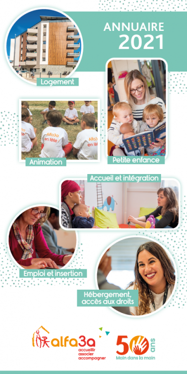 Couverture annuaire 2021 avec des photos représentant les services de l'association