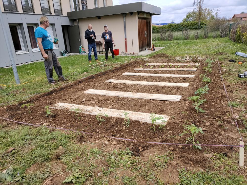 Des résidents s'occupent du jardin partagé