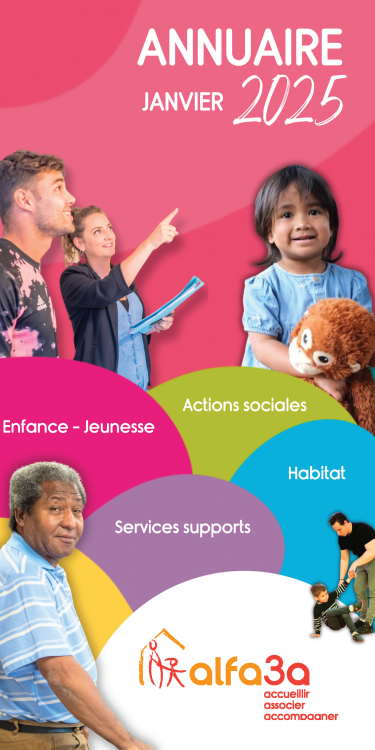 couverture de l'annuaire 2025 : visages de bénéficiaires et noms de nos activités