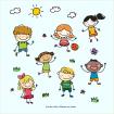 Logo du Sou des écoles Fleurieu-sur-Saône - illustration dessinée - une diversité d'enfants jouant sous le soleil